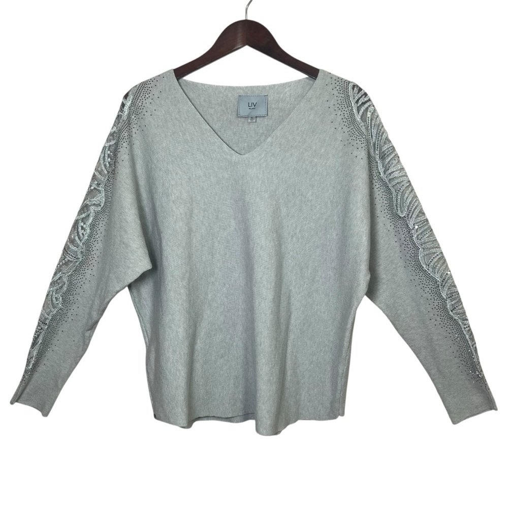 LIV MILANO Rhinestone Embellished Long Sleeve Sweater Top Dolman V-Neck Sz XL